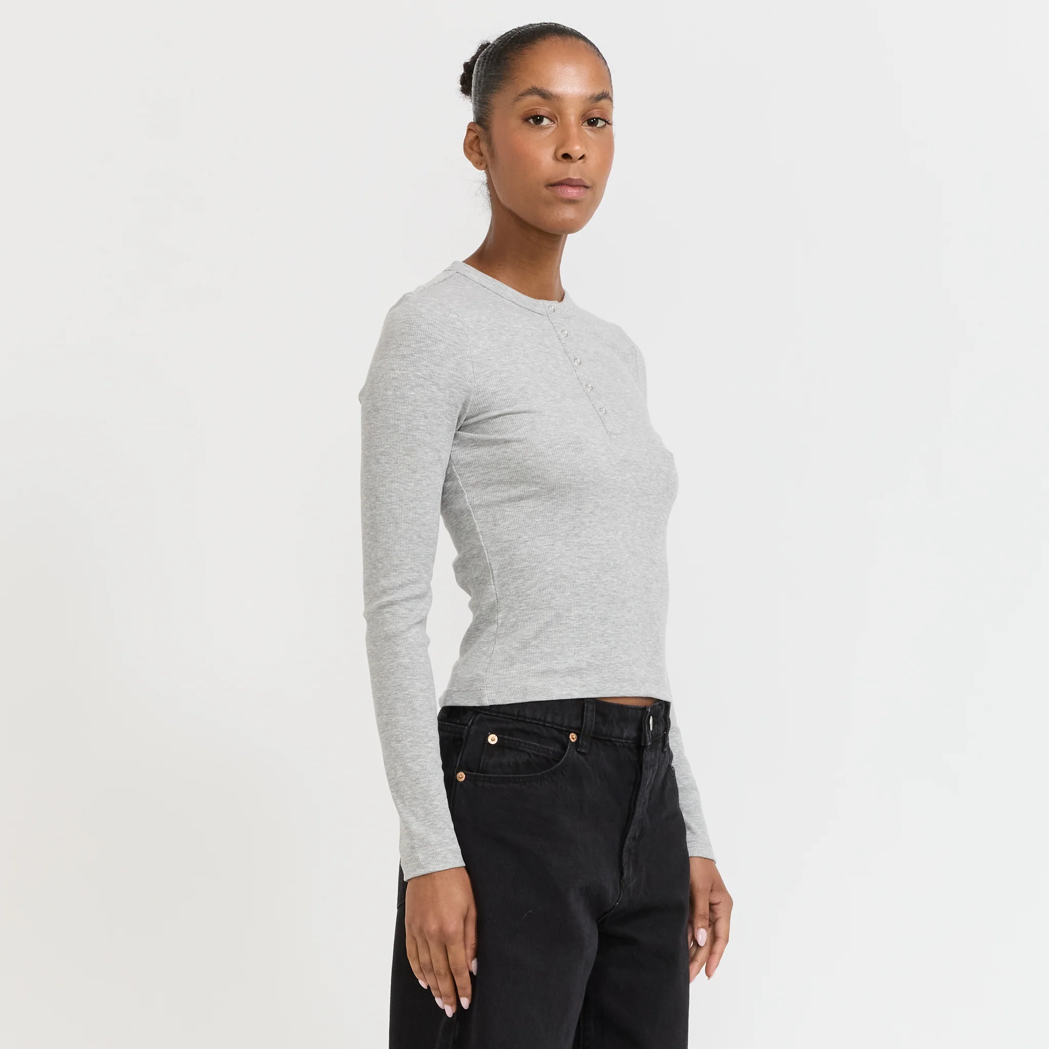 Studio Henley Long Sleeve Top Grey Marle - Image 3