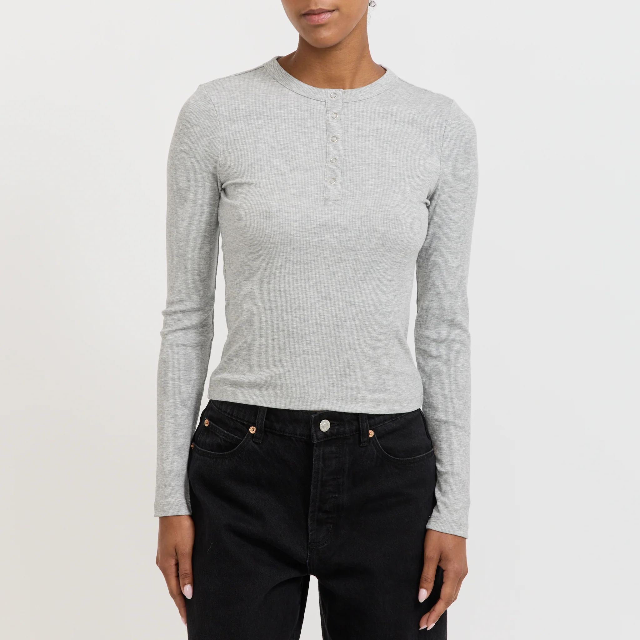 Studio Henley Long Sleeve Top Grey Marle - Image 5