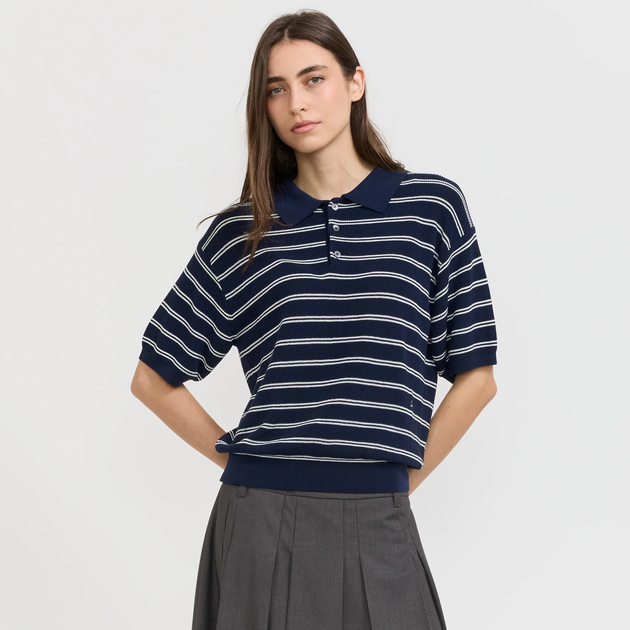 Unisex Striped Polo Knit Navy - Image 10