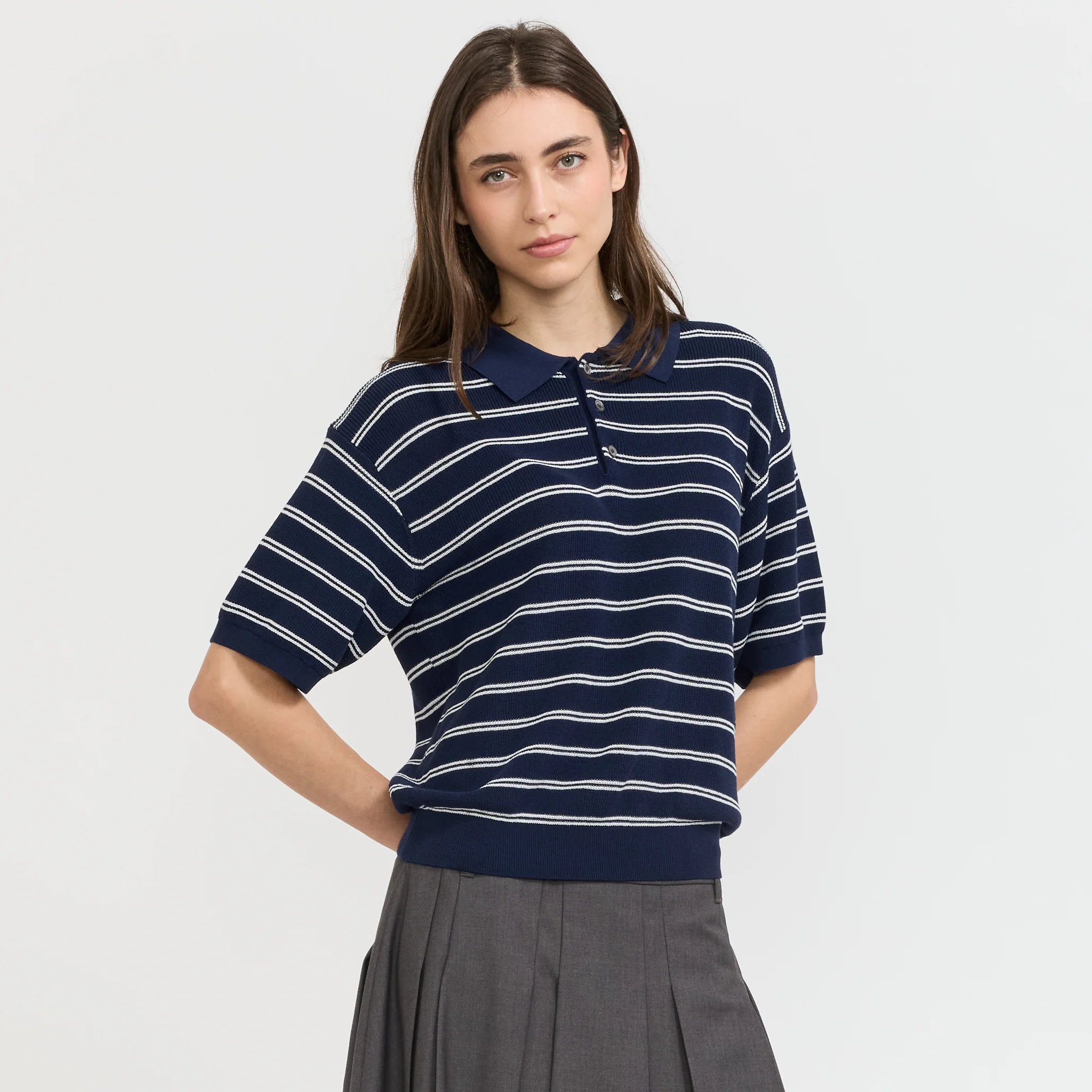 Unisex Striped Polo Knit Navy - Image 4
