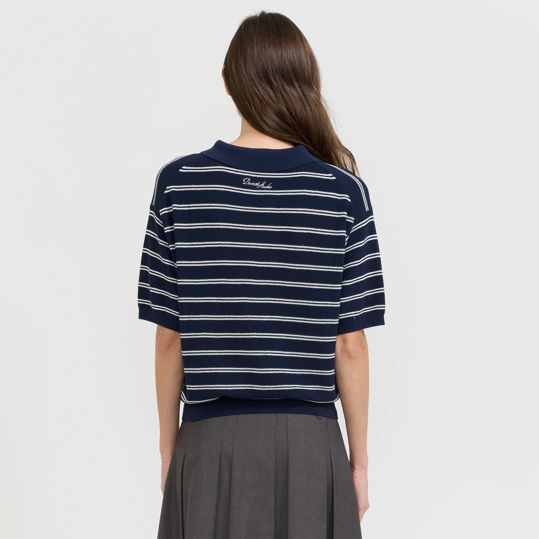 Unisex Striped Polo Knit Navy - Image 5