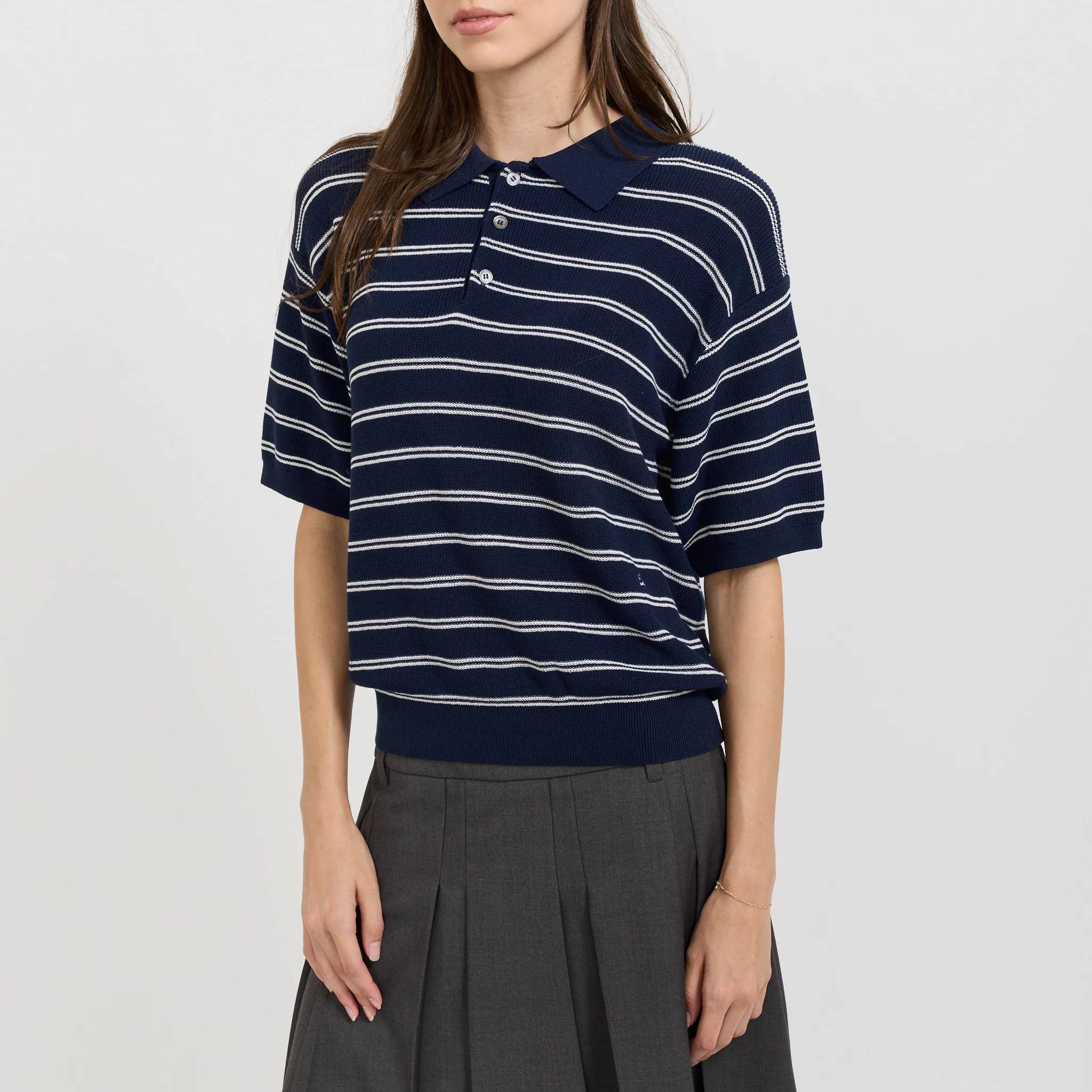 Unisex Striped Polo Knit Navy - Image 6