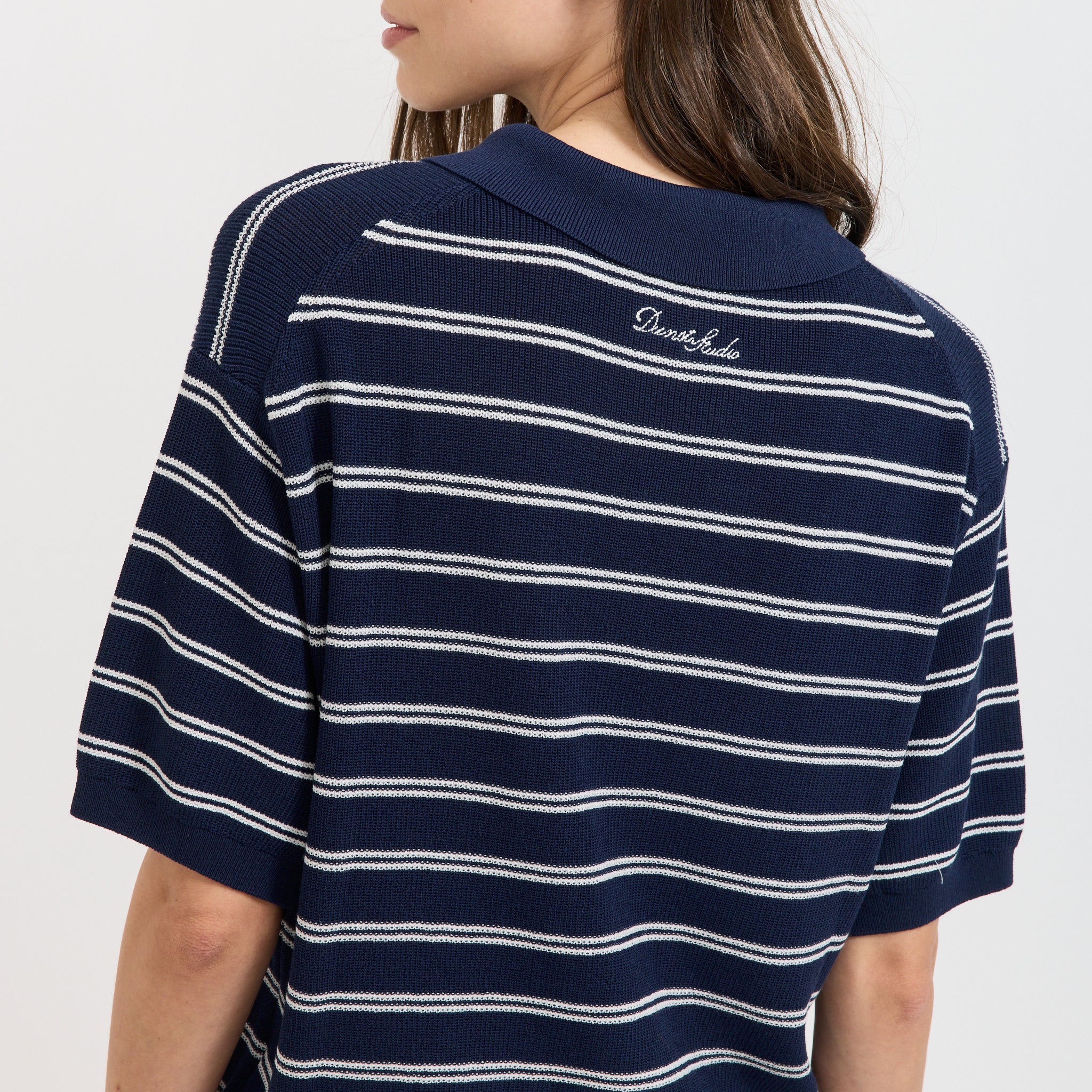 Unisex Striped Polo Knit Navy - Image 7