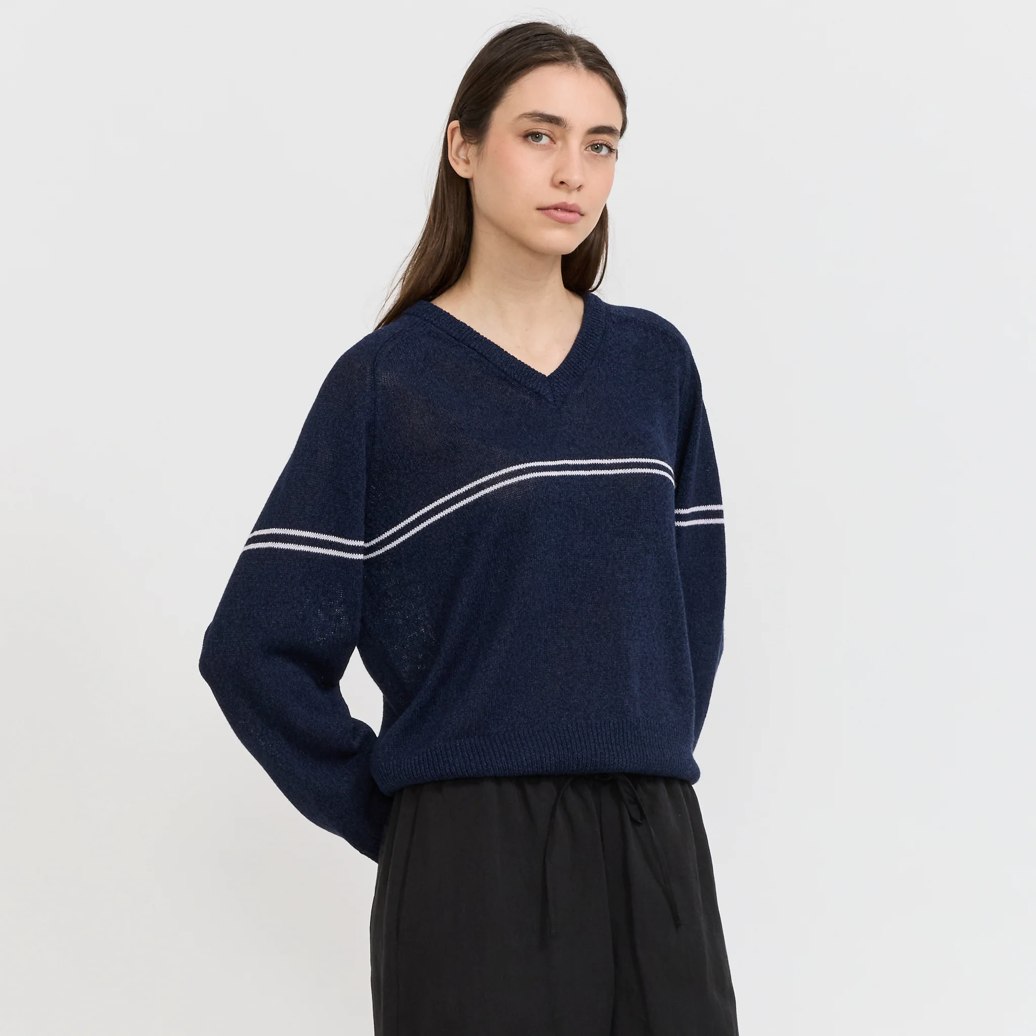 Unisex V-Neck Striped Sweater Navy Stripe