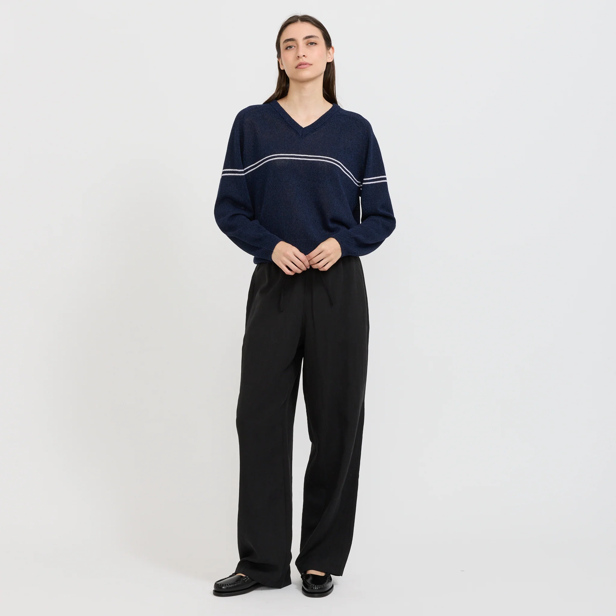 Unisex V-Neck Striped Sweater Navy Stripe - Image 2