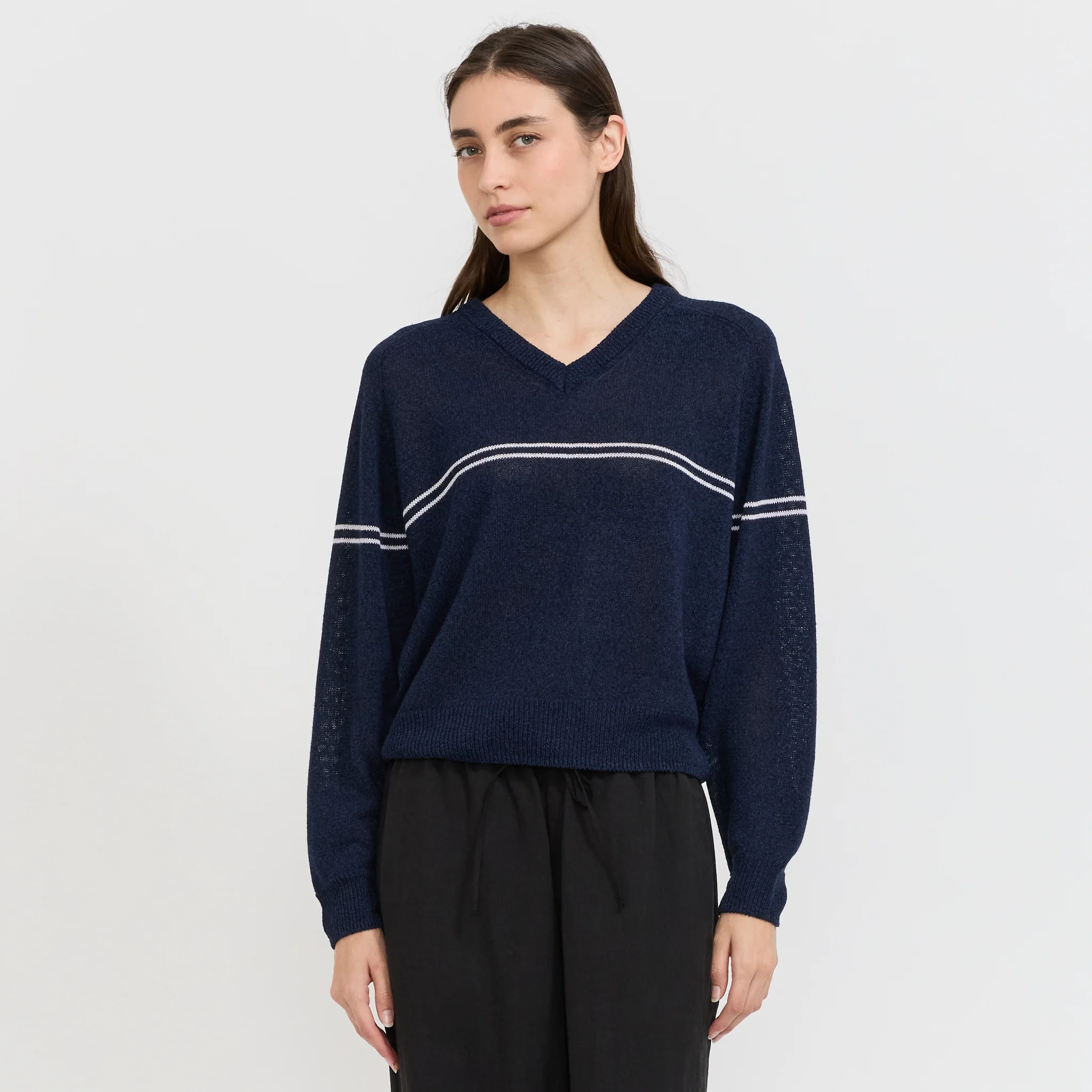 Unisex V-Neck Striped Sweater Navy Stripe - Image 3