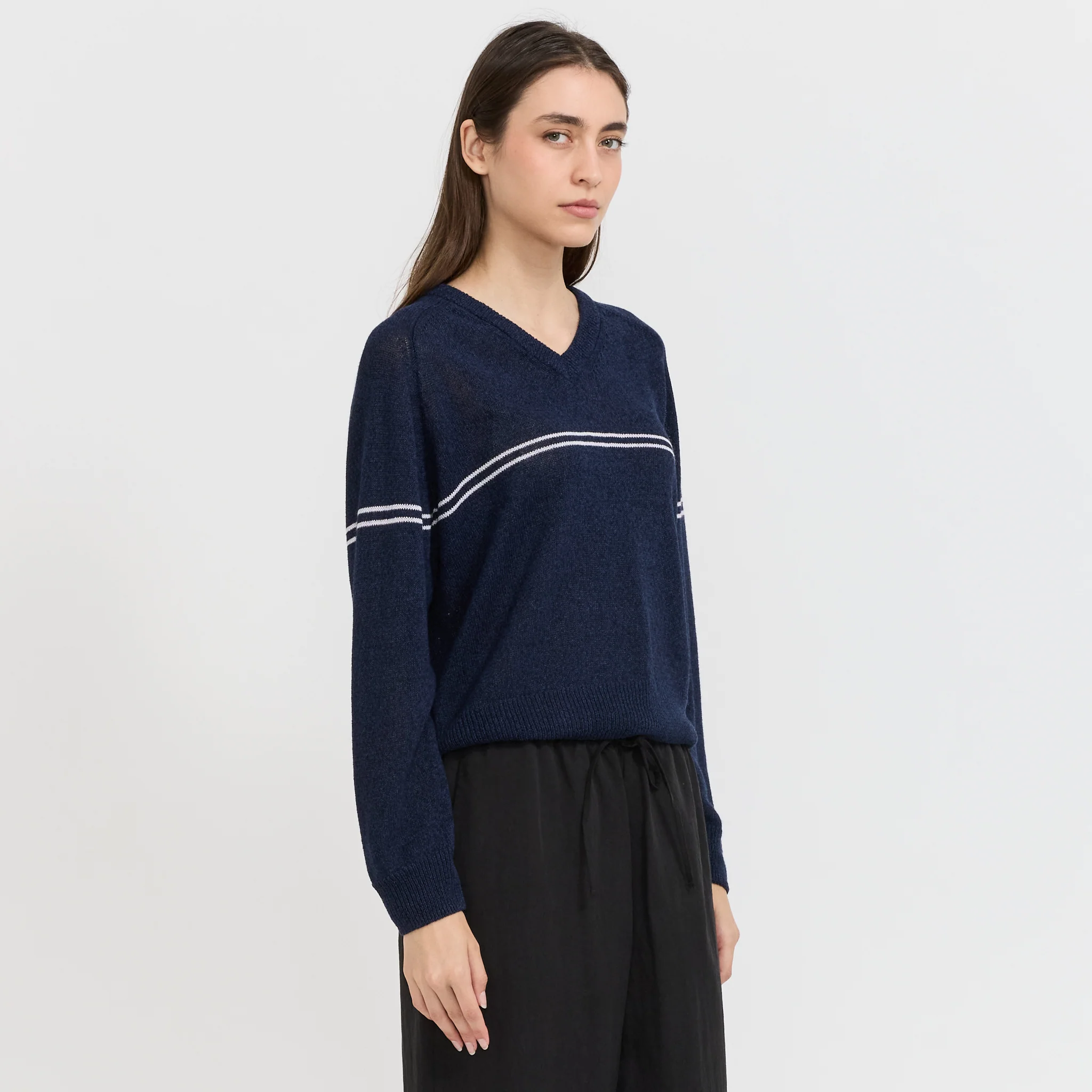 Unisex V-Neck Striped Sweater Navy Stripe - Image 4