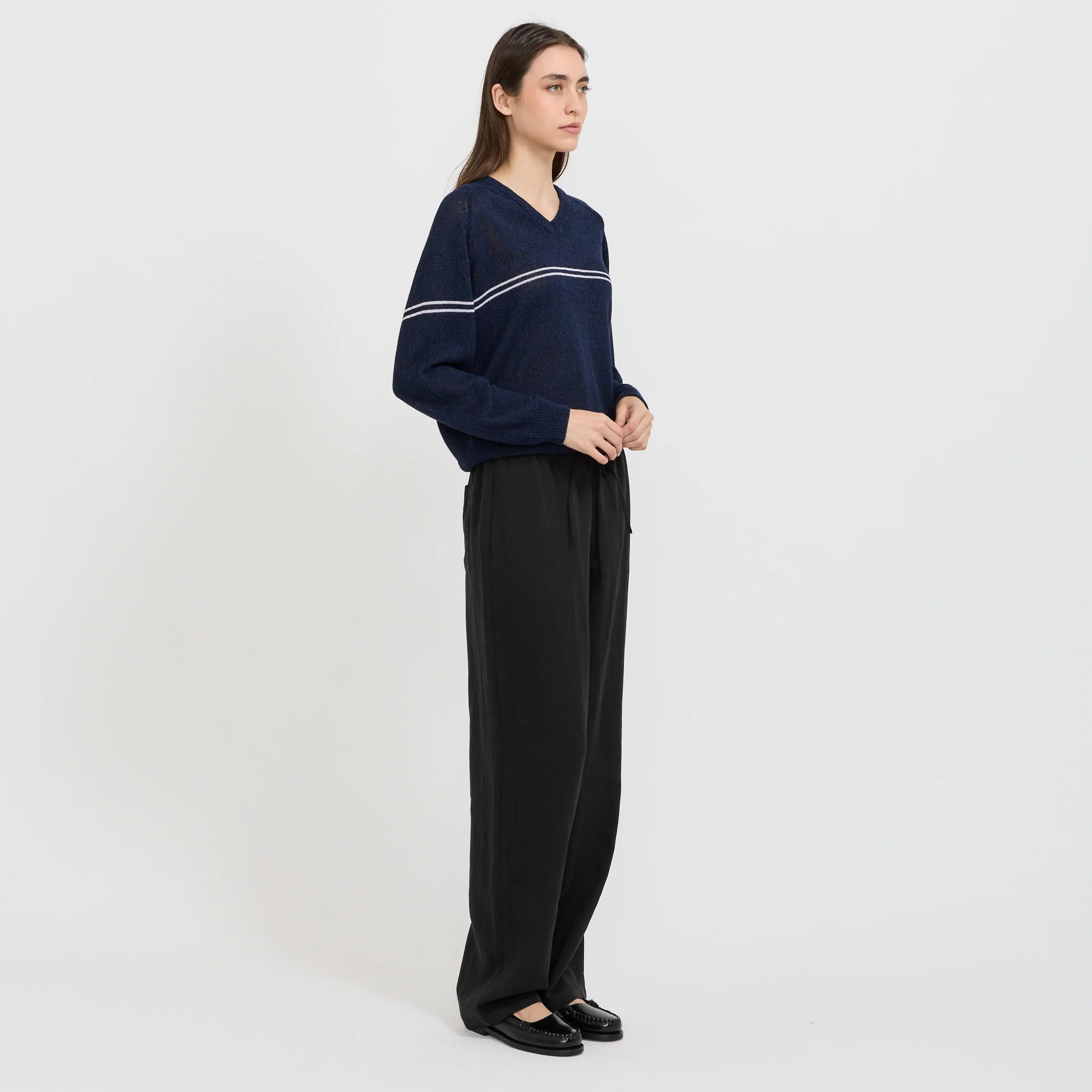 Unisex V-Neck Striped Sweater Navy Stripe - Image 5