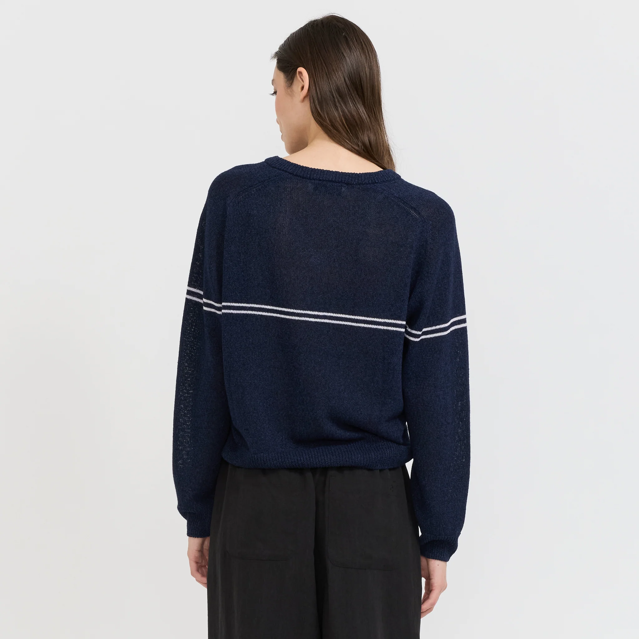 Unisex V-Neck Striped Sweater Navy Stripe - Image 6