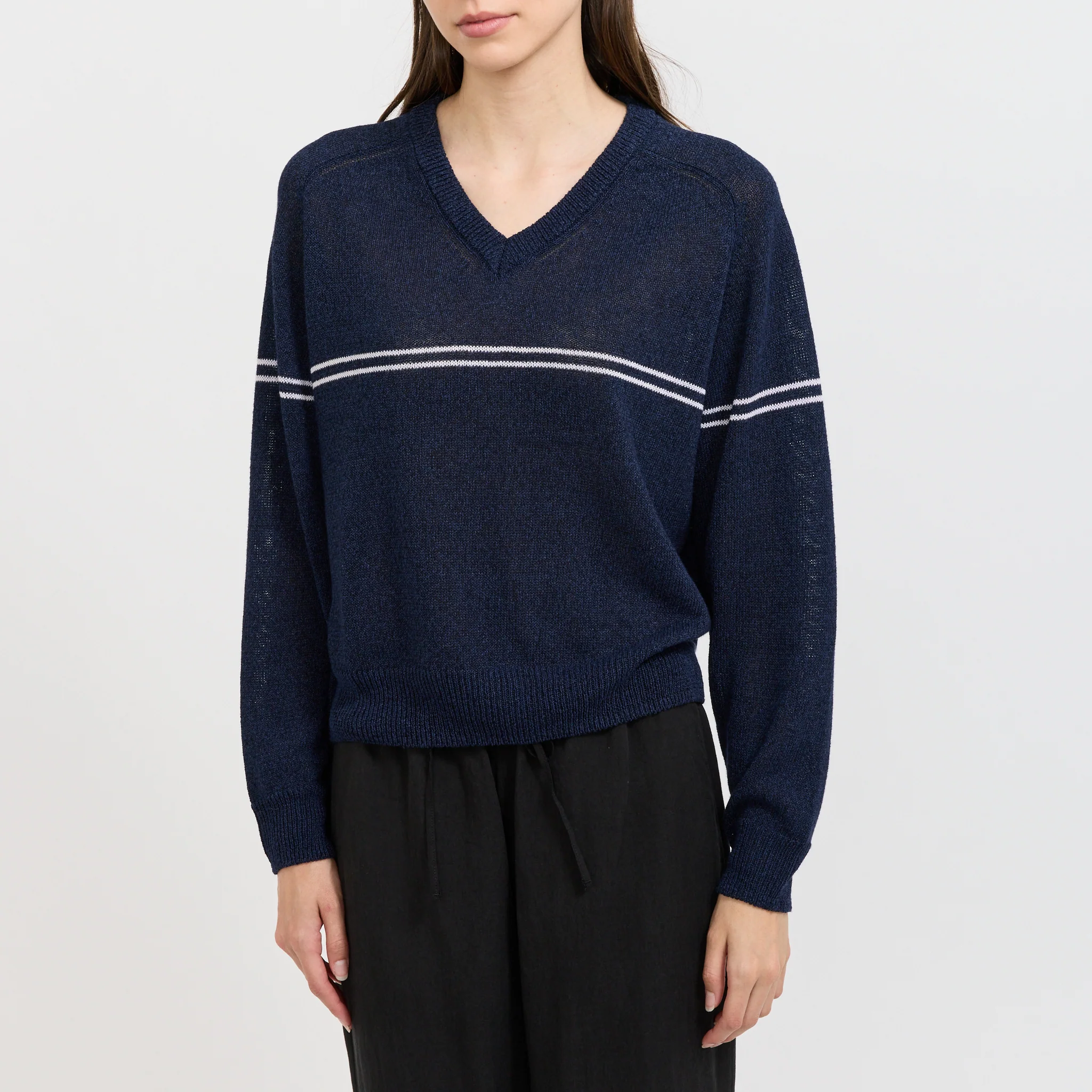 Unisex V-Neck Striped Sweater Navy Stripe - Image 7