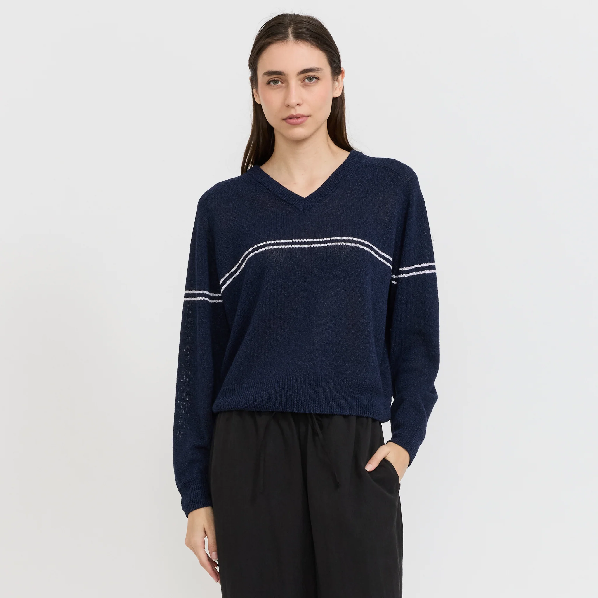 Unisex V-Neck Striped Sweater Navy Stripe - Image 8