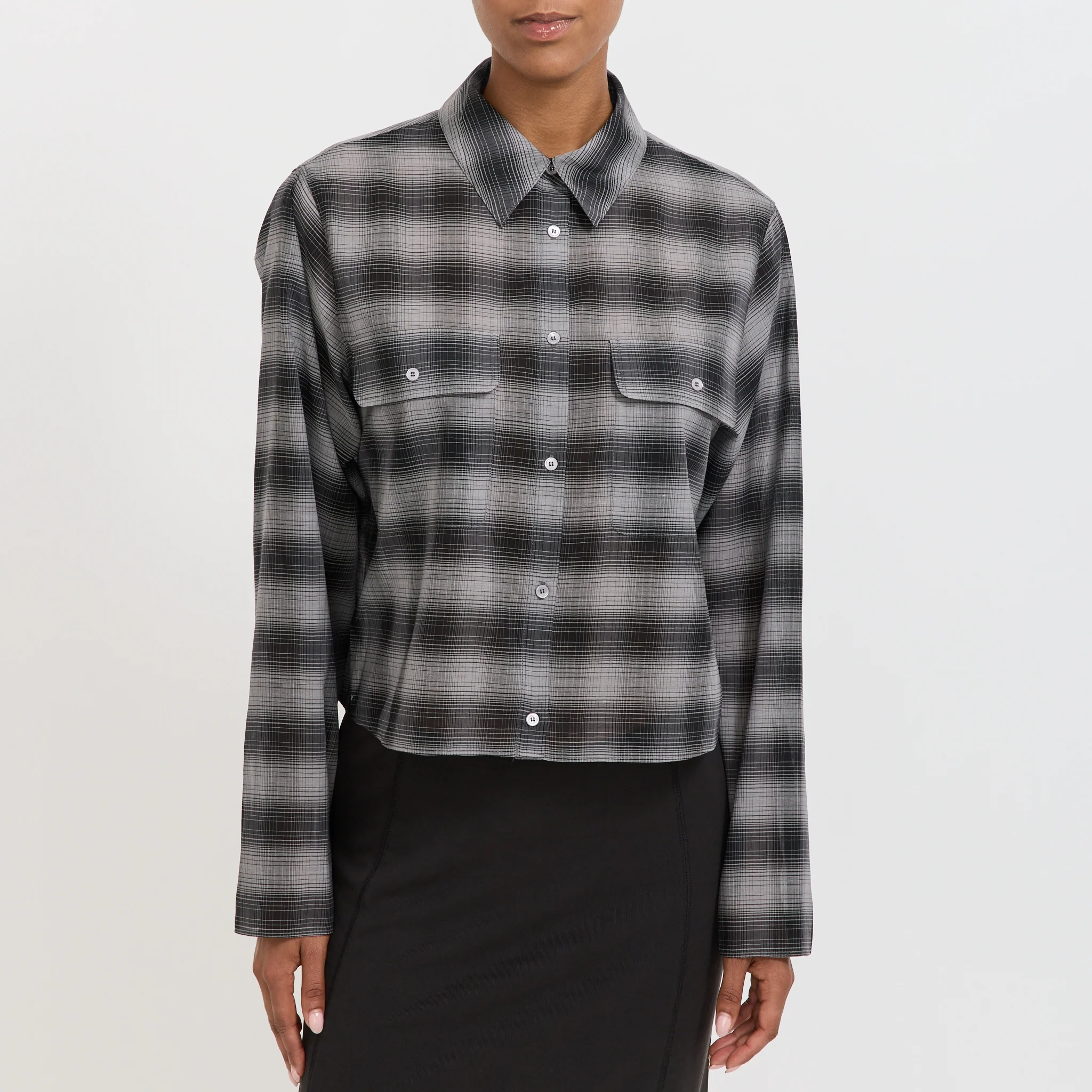 Wool Cropped Check Shirt Charcoal - Image 5