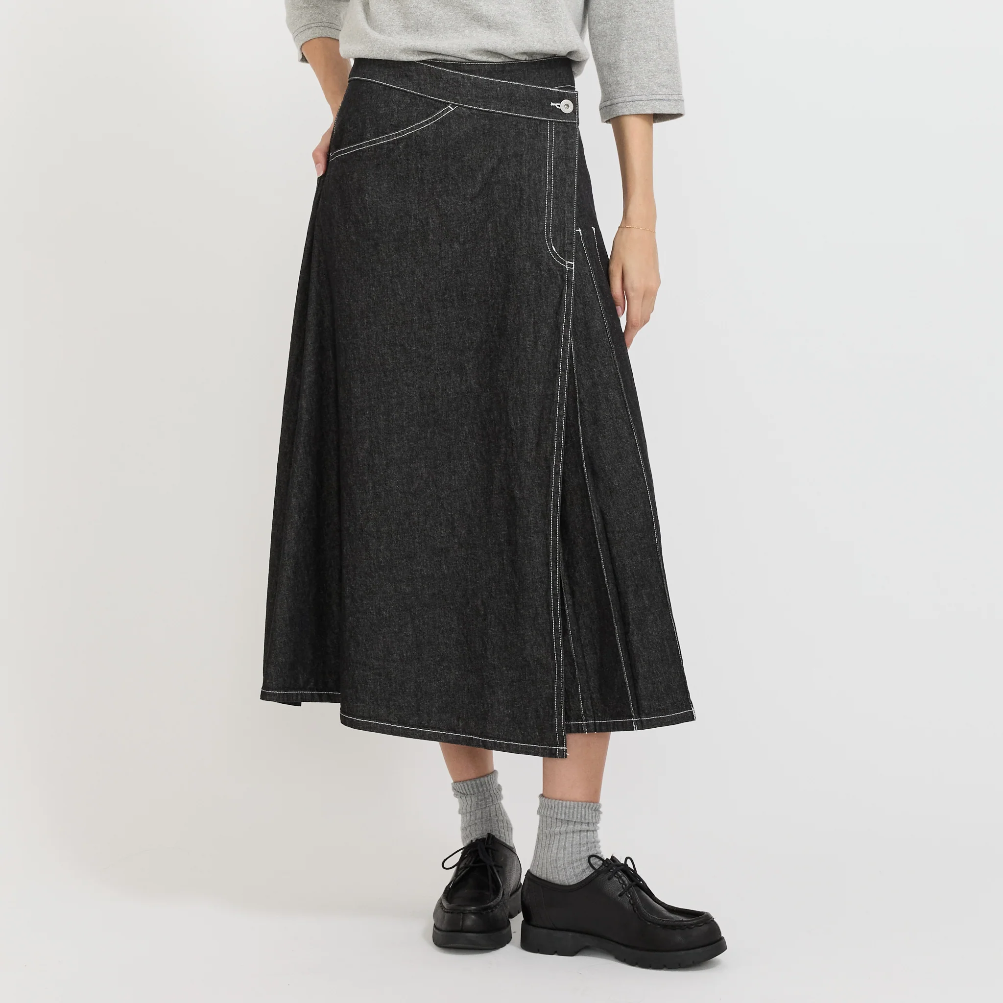Wrap Pleated Skirt Black Denim