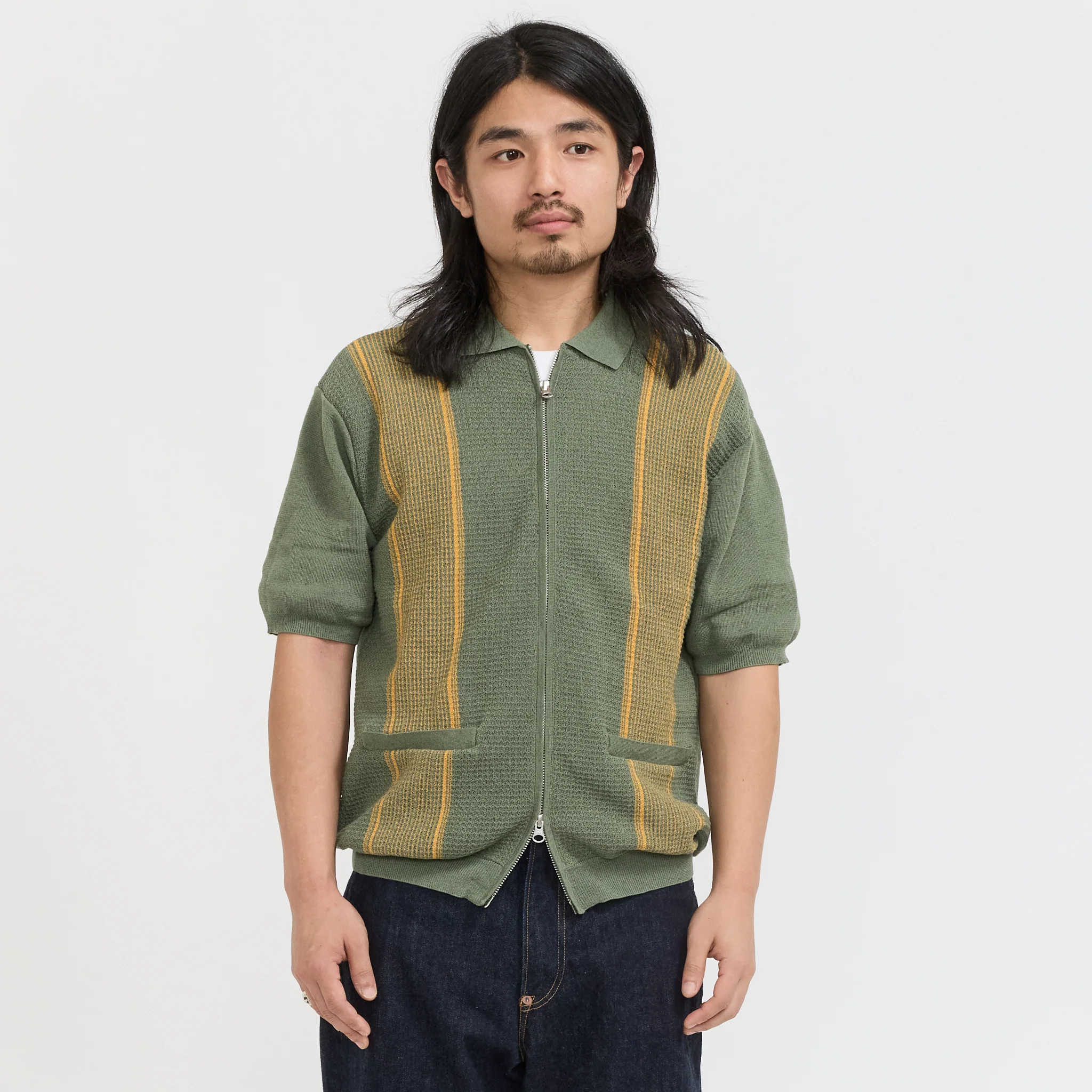 Zip Knit Polo Stripe Olive