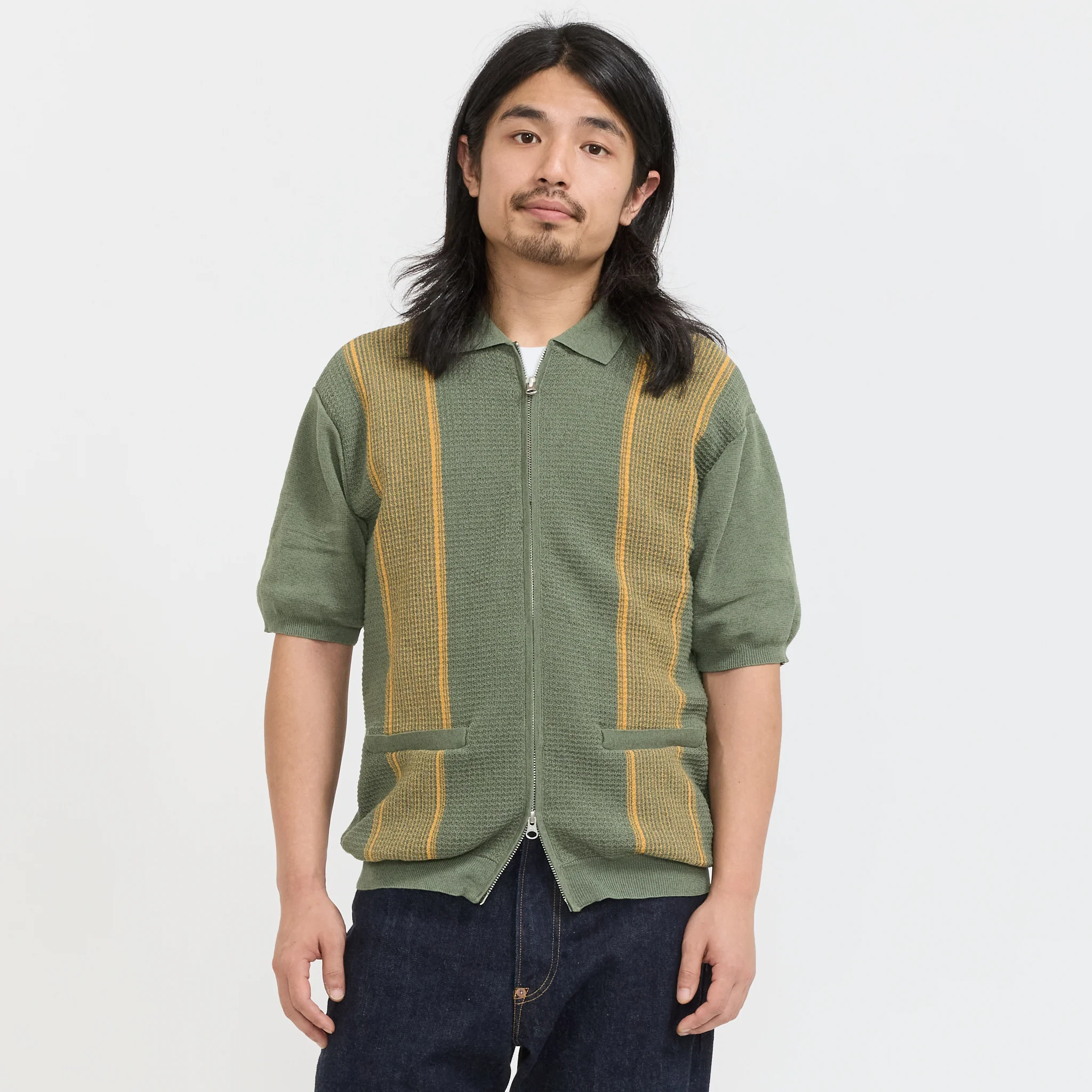 Zip Knit Polo Stripe Olive - Image 2