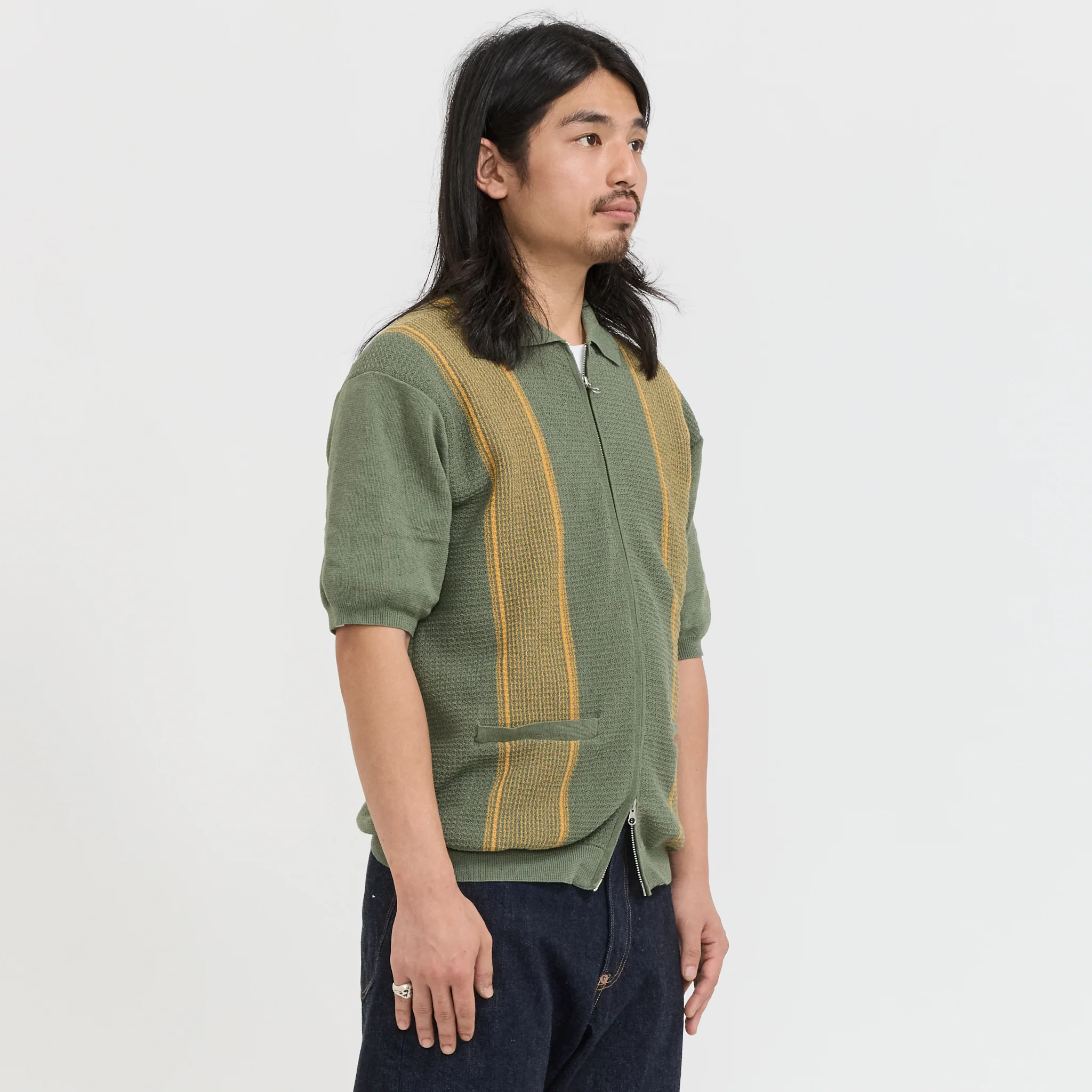 Zip Knit Polo Stripe Olive - Image 3