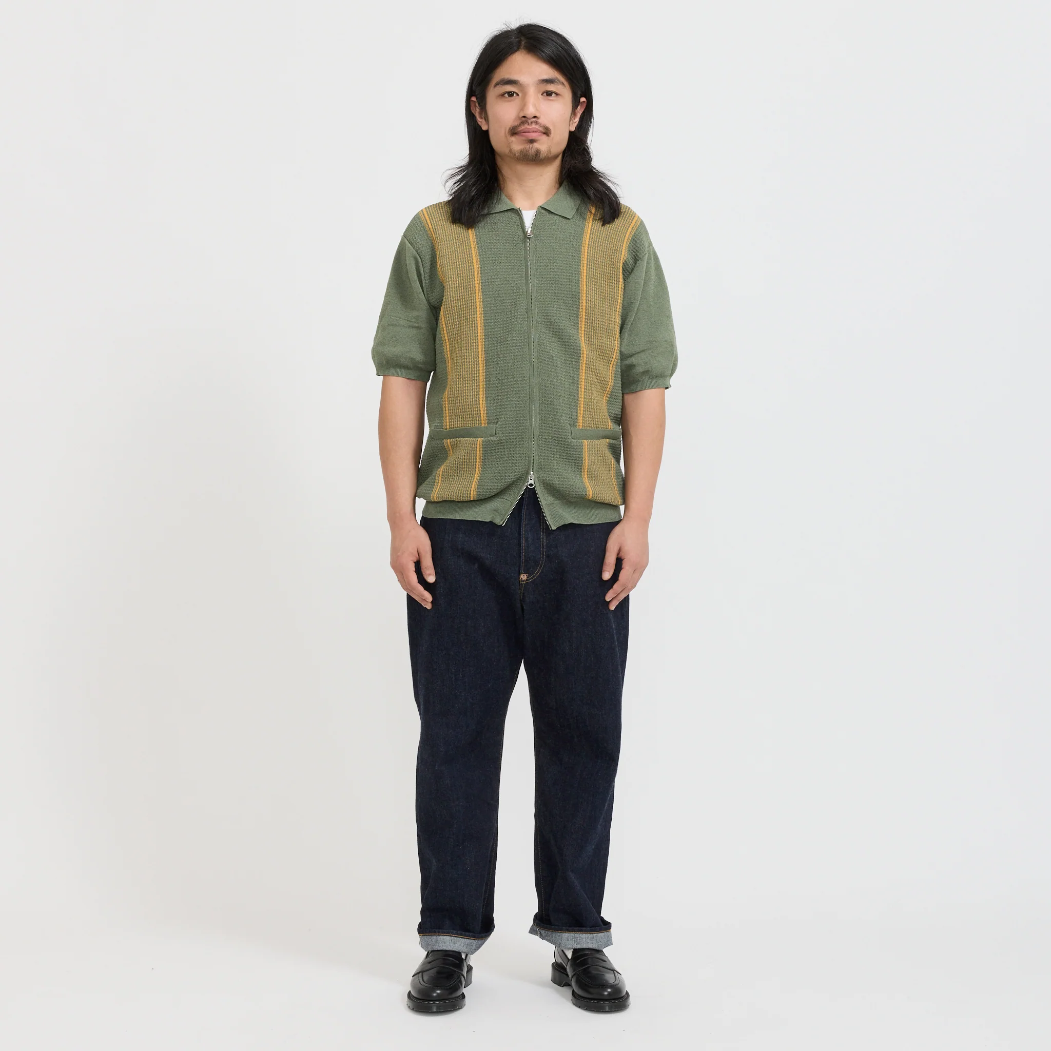 Zip Knit Polo Stripe Olive - Image 4