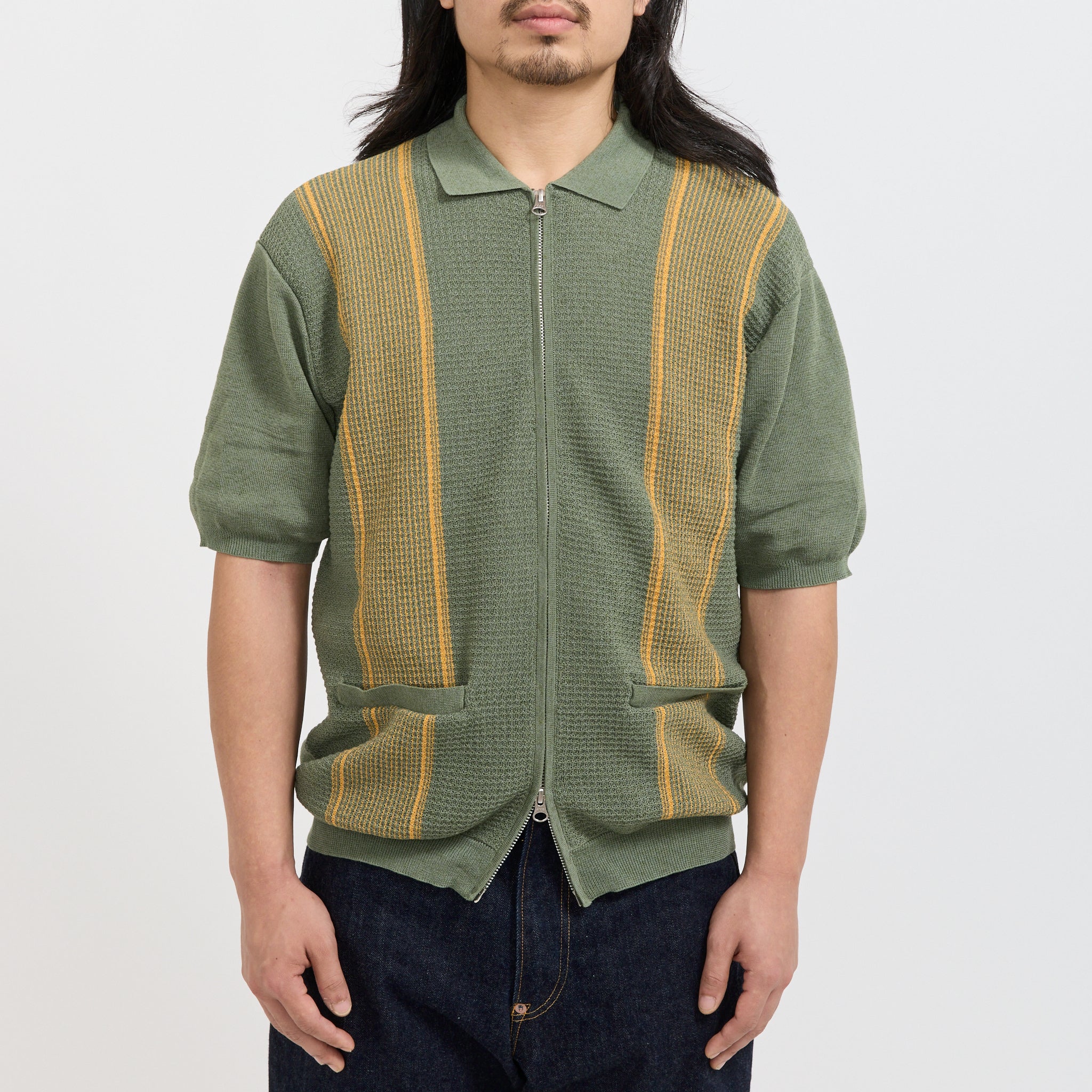 Zip Knit Polo Stripe Olive - Image 6