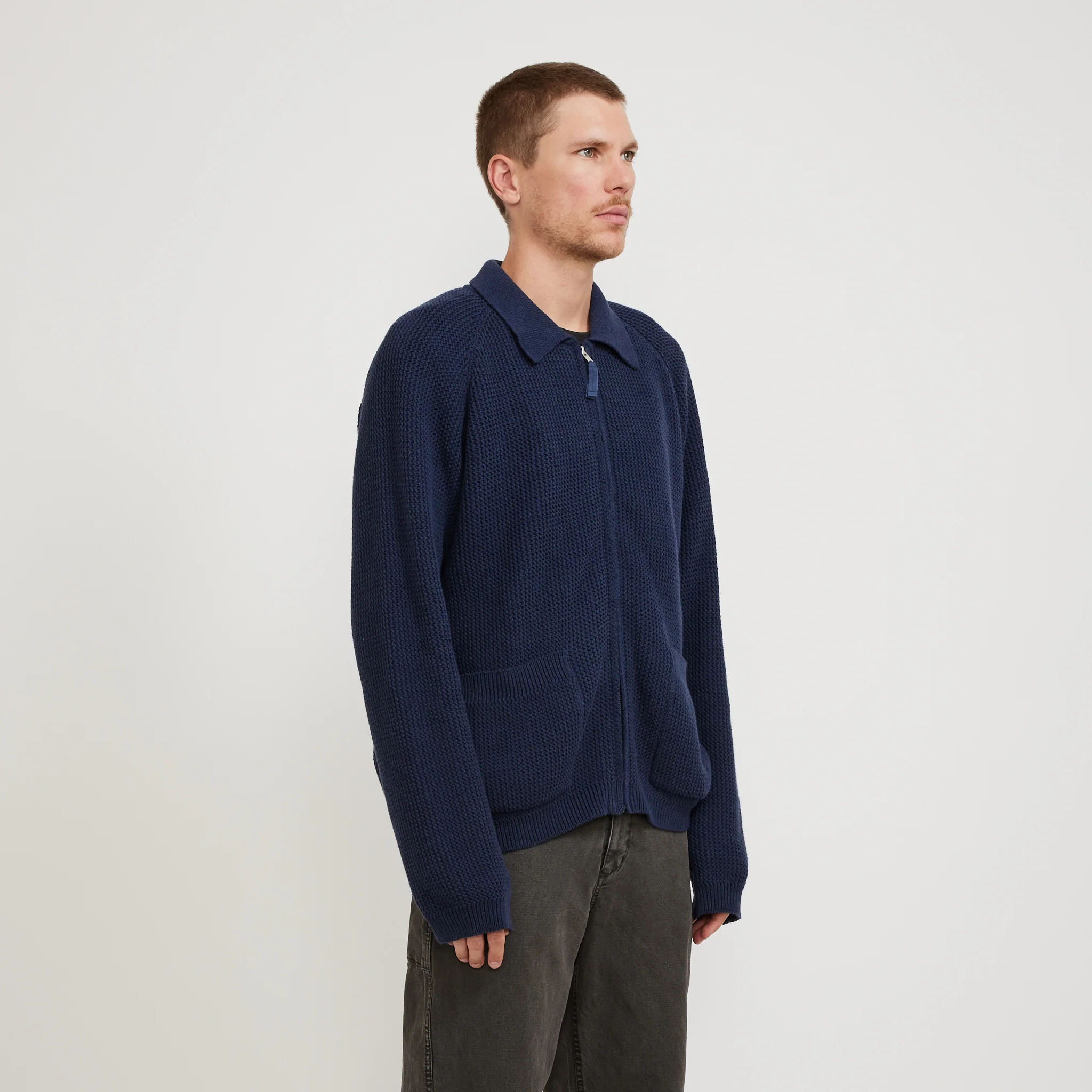 Zip Up Knit Eco Cotton Rack Stitch Indigo - Image 3
