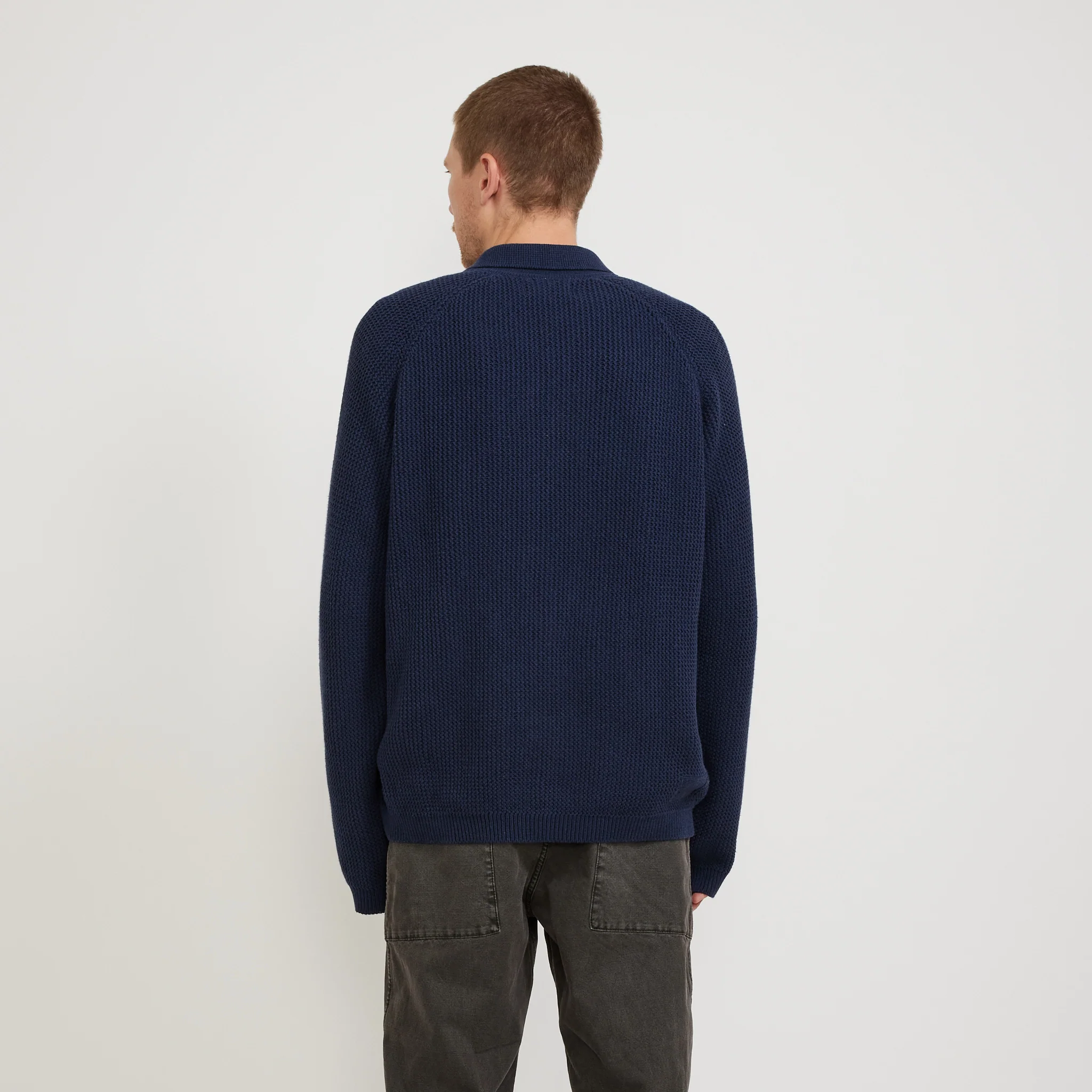 Zip Up Knit Eco Cotton Rack Stitch Indigo - Image 4