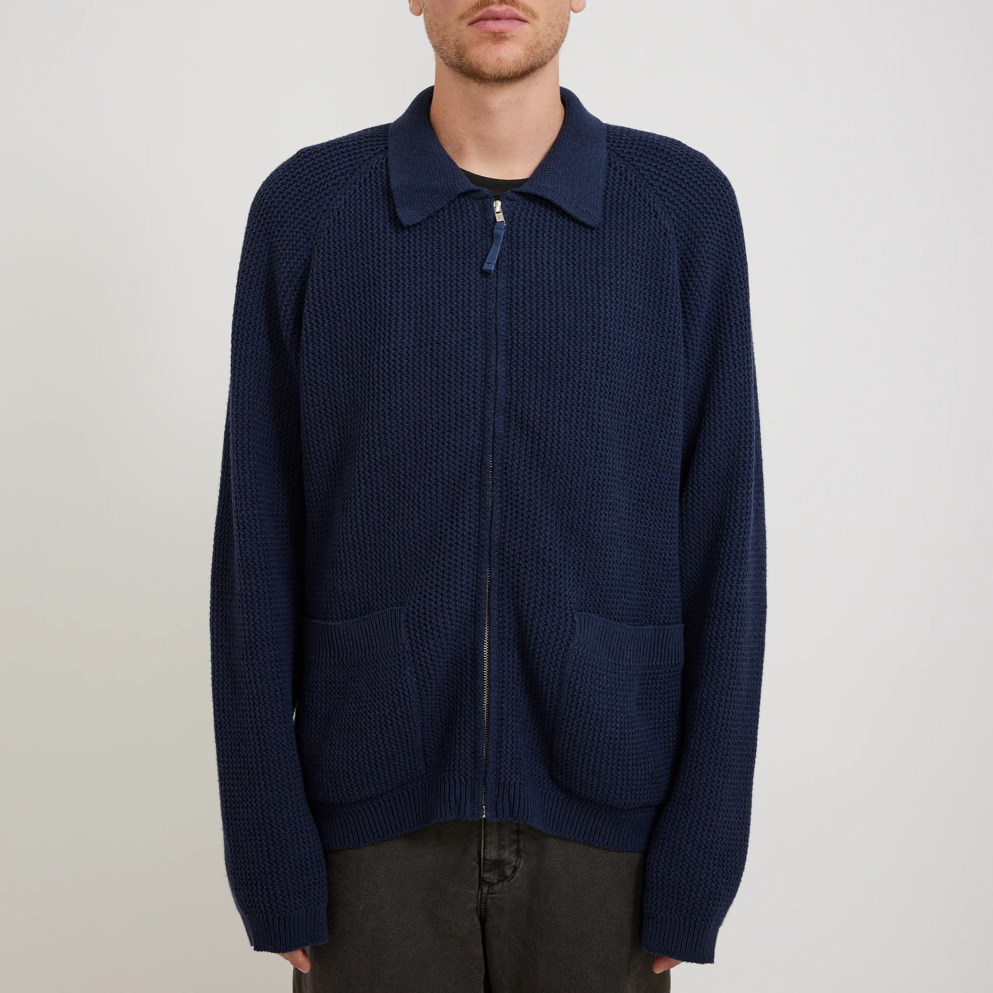 Zip Up Knit Eco Cotton Rack Stitch Indigo - Image 5