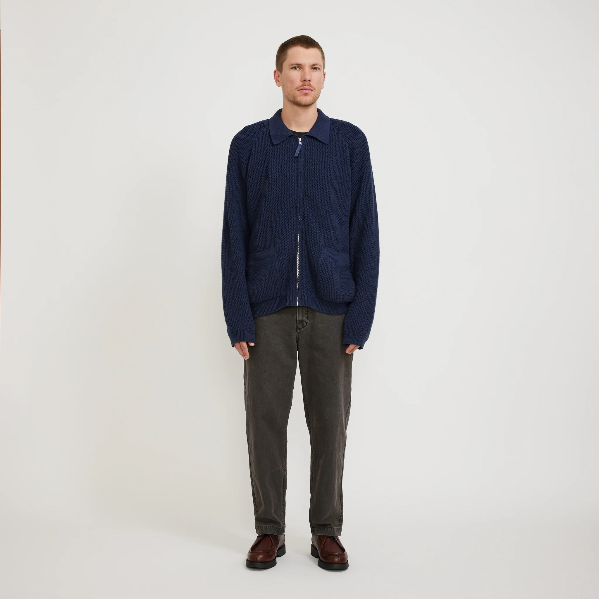 Zip Up Knit Eco Cotton Rack Stitch Indigo - Image 6
