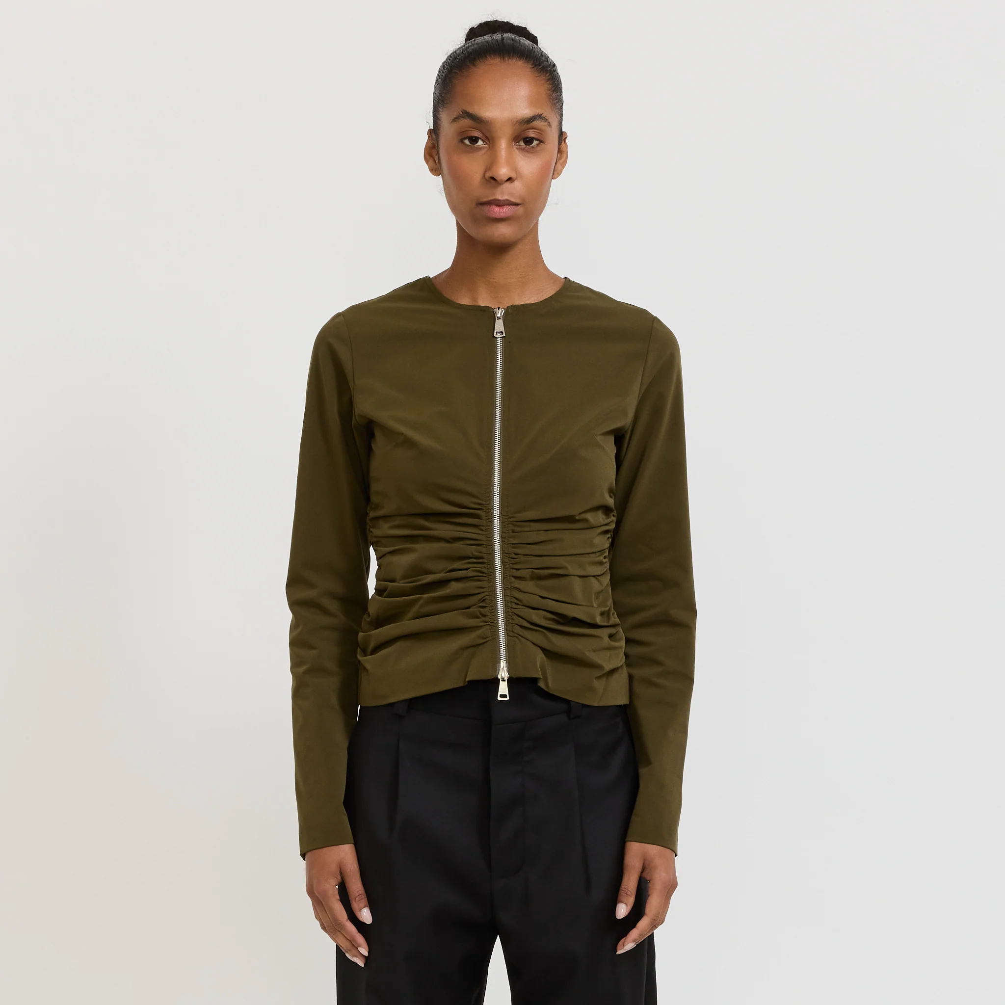 Zipper Long Sleeve Top Khaki