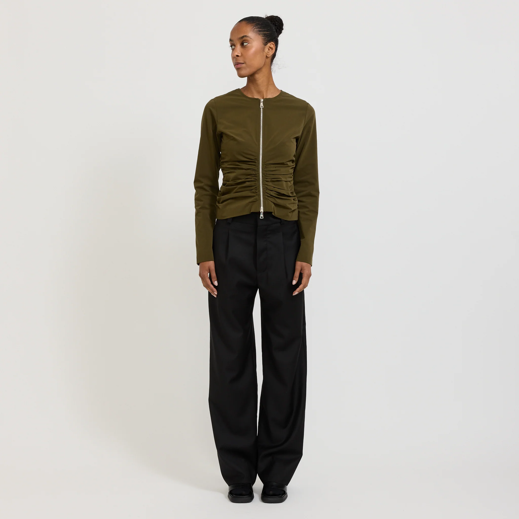 Zipper Long Sleeve Top Khaki - Image 2