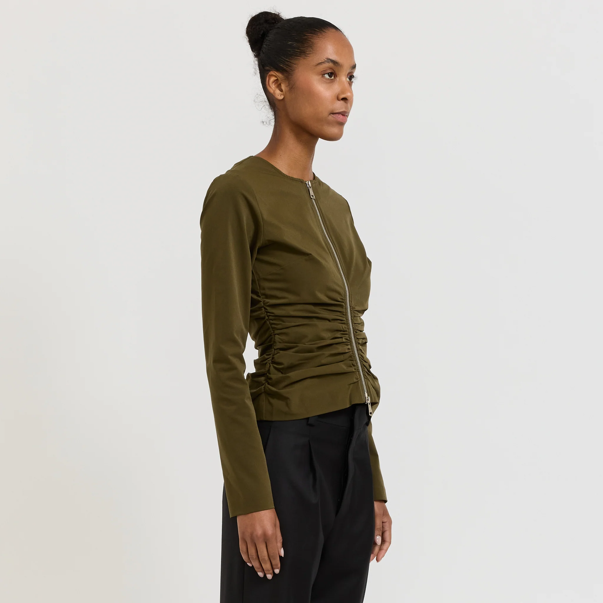 Zipper Long Sleeve Top Khaki - Image 3