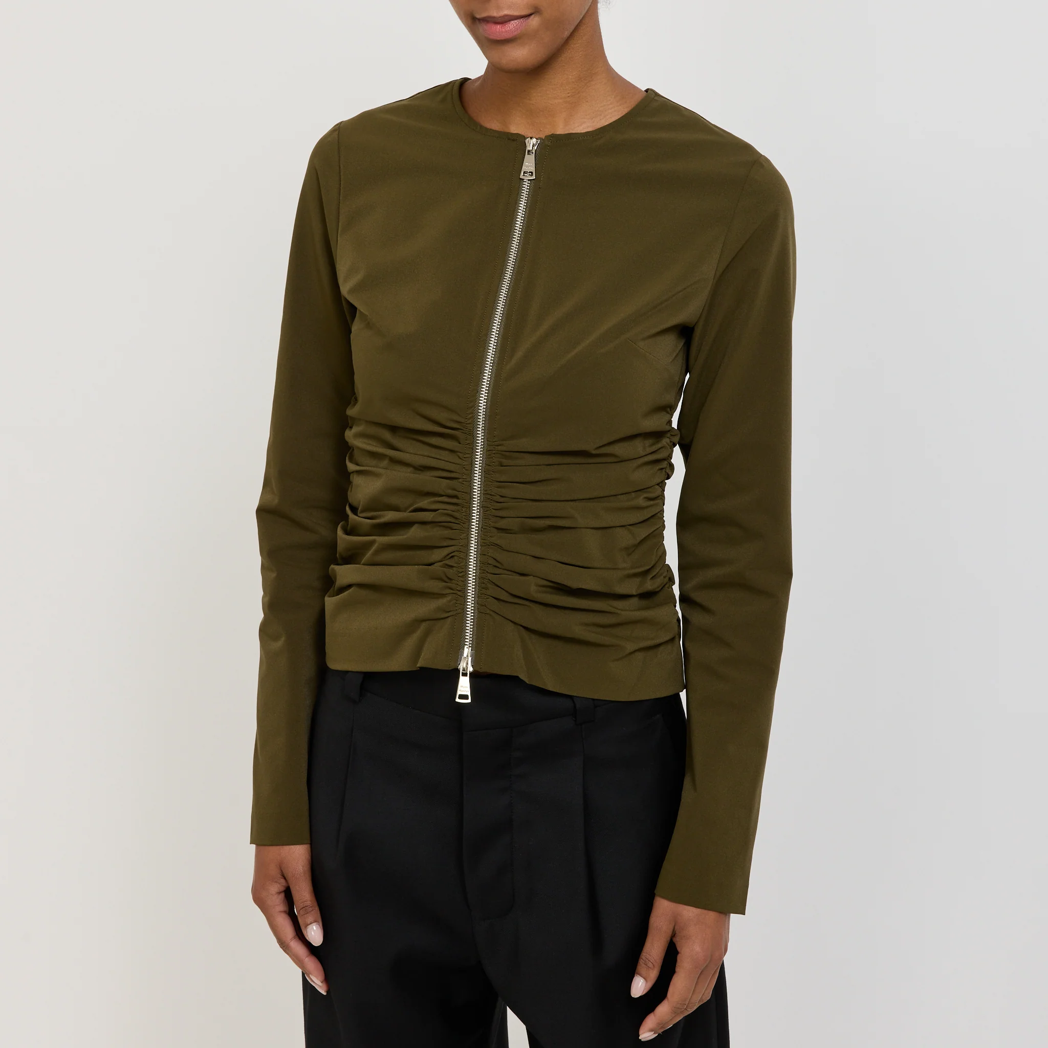 Zipper Long Sleeve Top Khaki - Image 5
