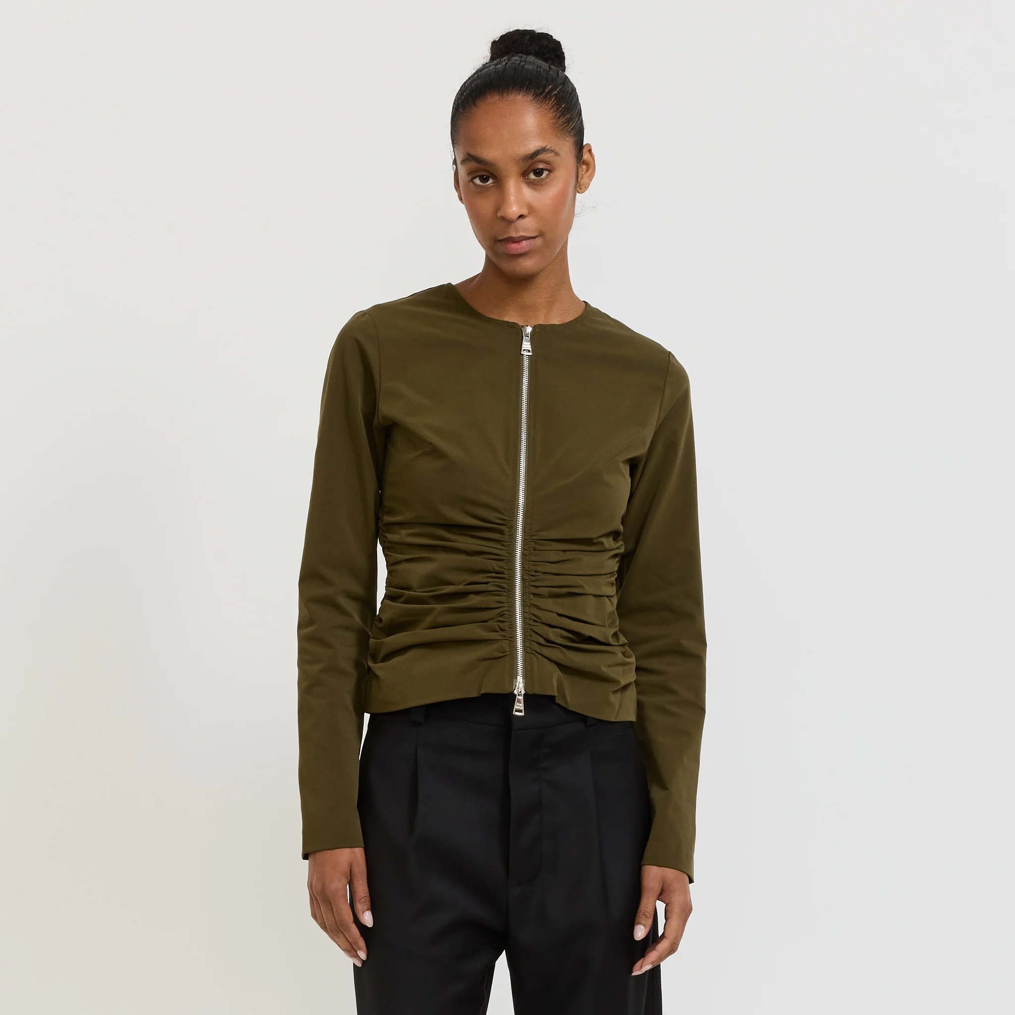 Zipper Long Sleeve Top Khaki - Image 7